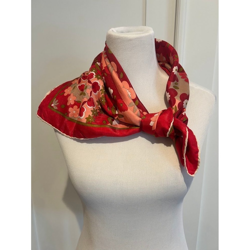 Vibrant Vintage Floral Silk Scarf Red Pink Tan Square Neck Scarf Accessory Mod - Picture 2 of 13